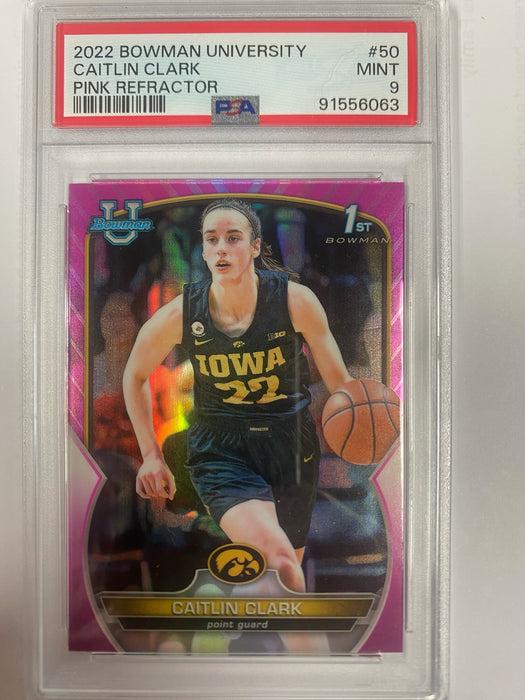 2022 BOWMAN UNIVERSITY CAITLIN CLARK PINK REFRACTOR PSA 9