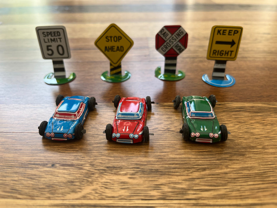 Vintage Made In Japan Tin Toy Car Set